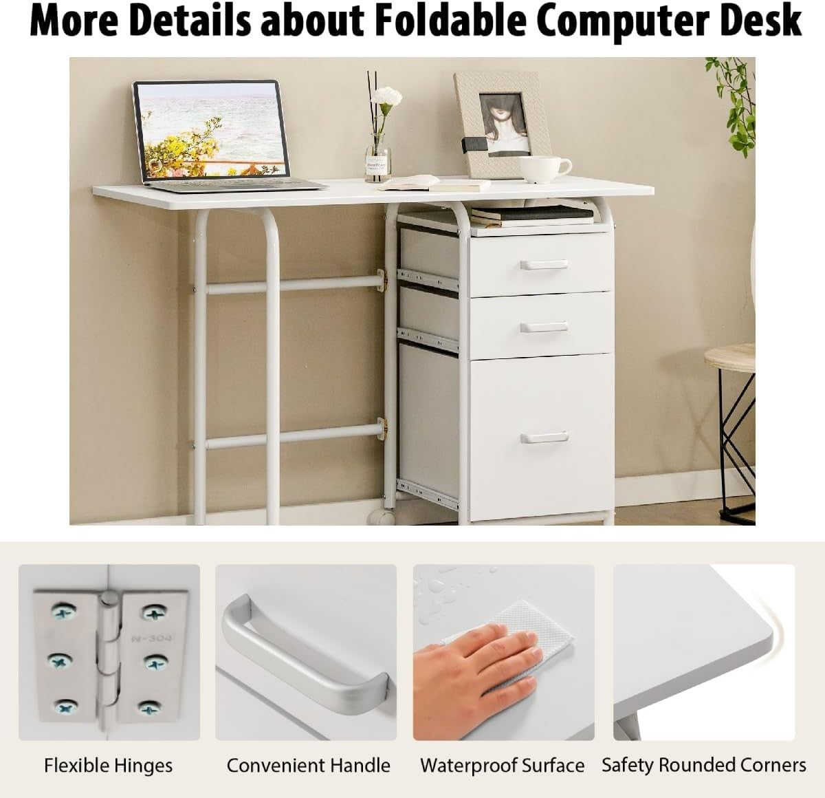 Folding Computer Desk with Wheels & Drawers 105x50x75cm, White