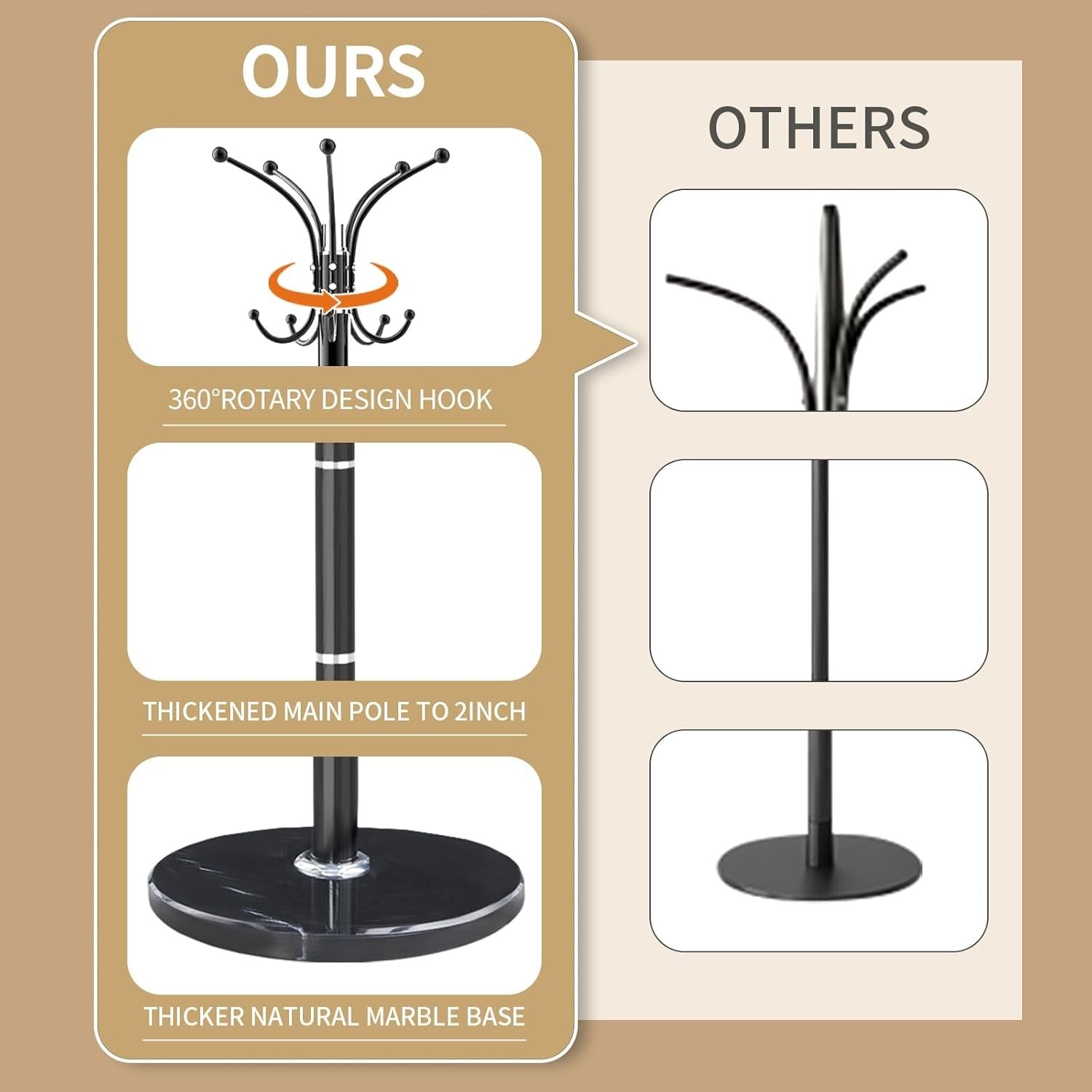 Modern 360° Rotating Metal Coat Rack with Marble Base | 14 Hook Stand