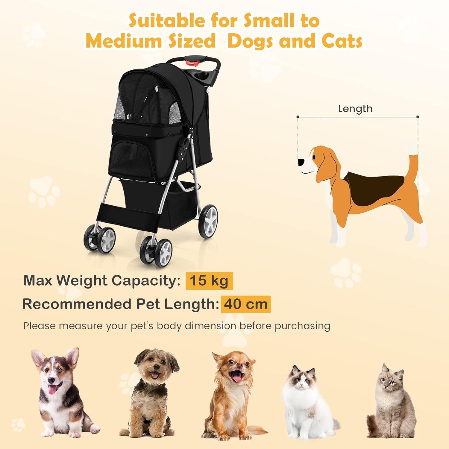 Pet Stroller Foldable Dog Cat Pushchair 4 Wheels Small Medium 15kg