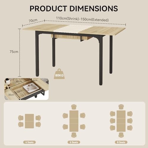Extendable Dining Table 110-150cm Oak Metal Legs 4-6 Seater