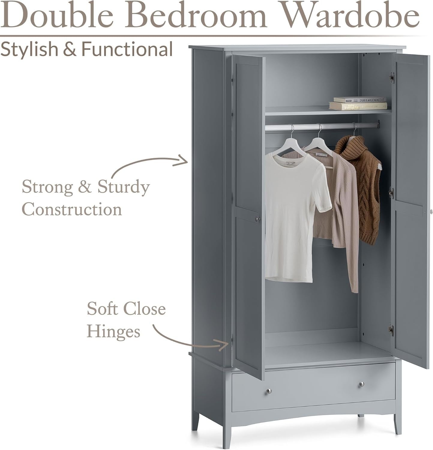 Grey Double Wardrobe with Drawer | Soft Close Doors | Clothes Rail Storage