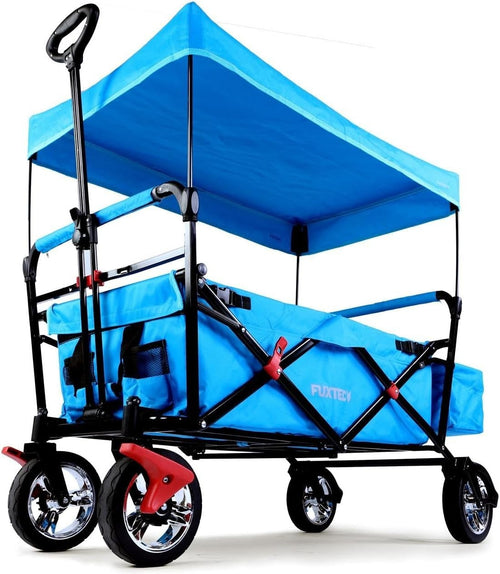 Blue Kids Folding Wagon Push Pull Stroller Cart w/ Canopy & Storage Bag