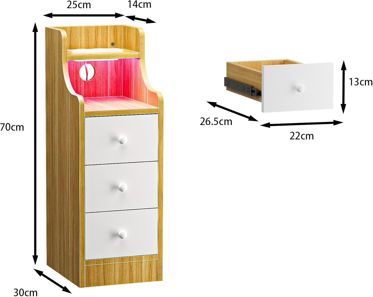 Slim Oak 3 Drawer Bedside Table with RGB LED Lights & Charging Station