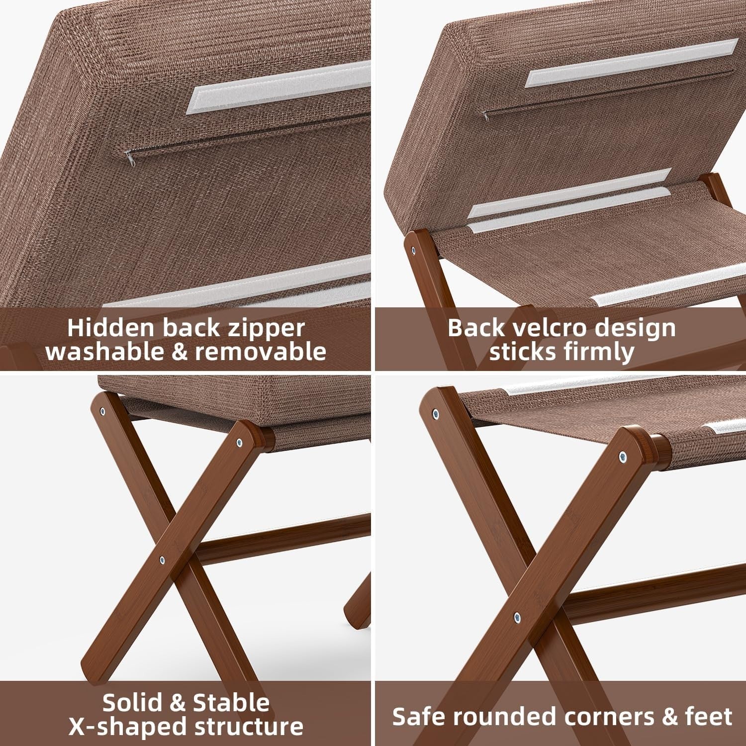 Brown Foldable Footstool Ottoman with Bamboo X-Legs & Thick Chenille Cushion