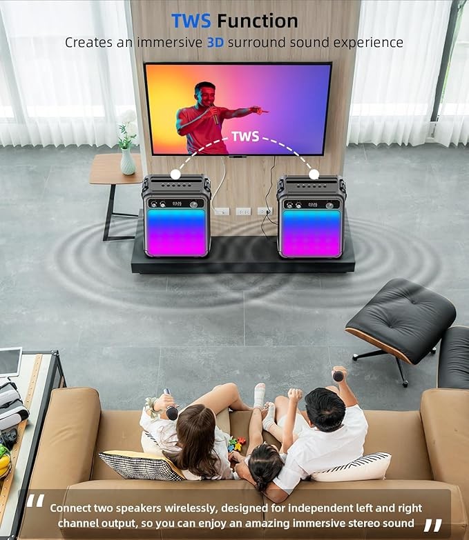 Portable Bluetooth Karaoke Machine with 2 Wireless Mics, LED Lights & Echo