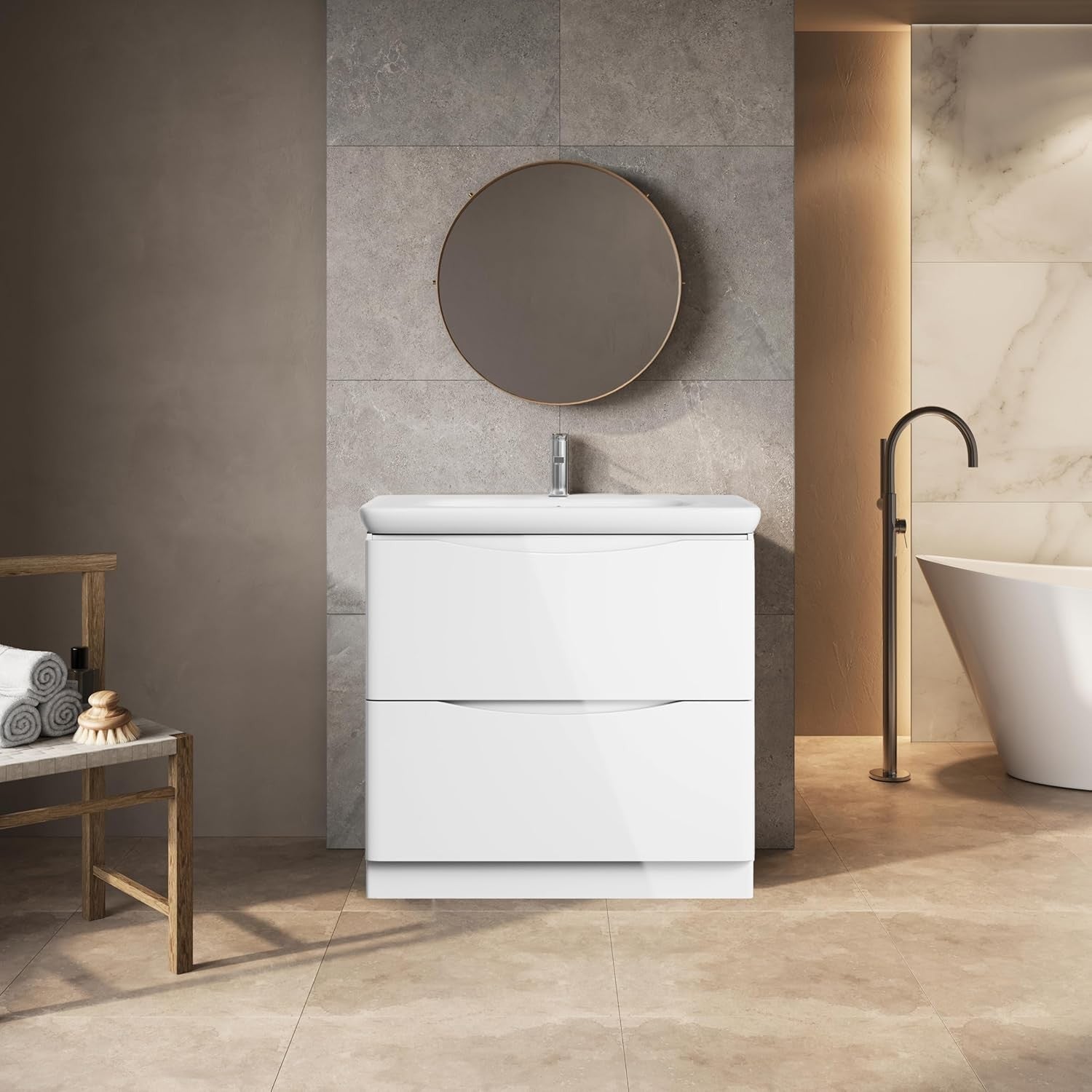 900mm White Floor Standing Vanity Unit with Basin Gloss Bathroom Storage