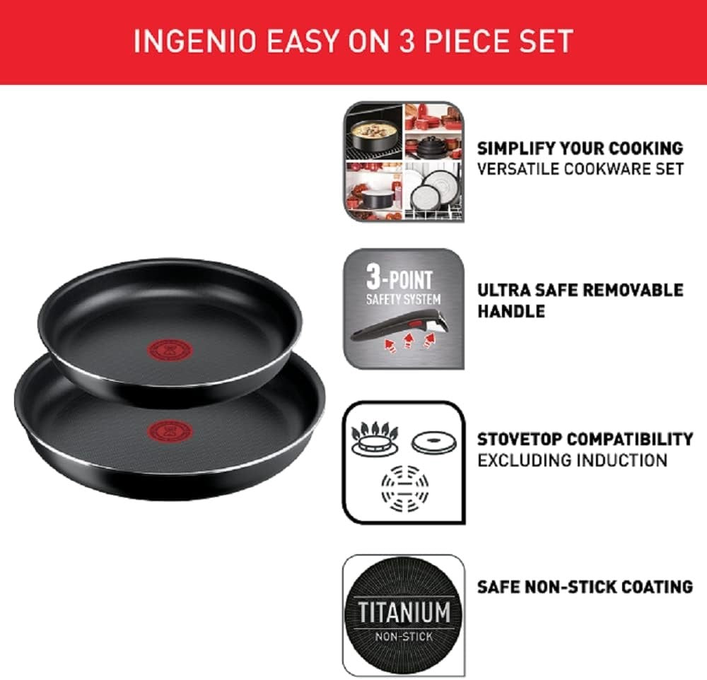 3pcs Non Stick Frying Pan Set 24cm & 28cm with Removable Handle Easy Clean