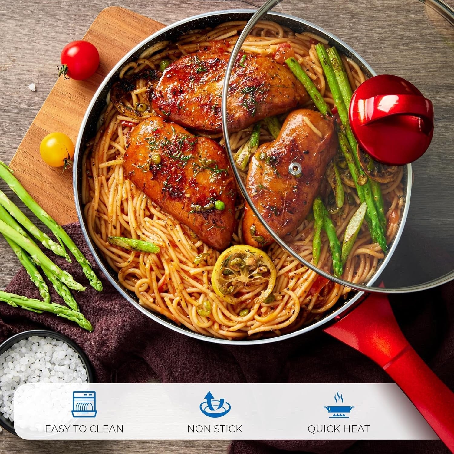 10Pcs Red Non Stick Cookware Set with Glass Lids, Induction Compatible