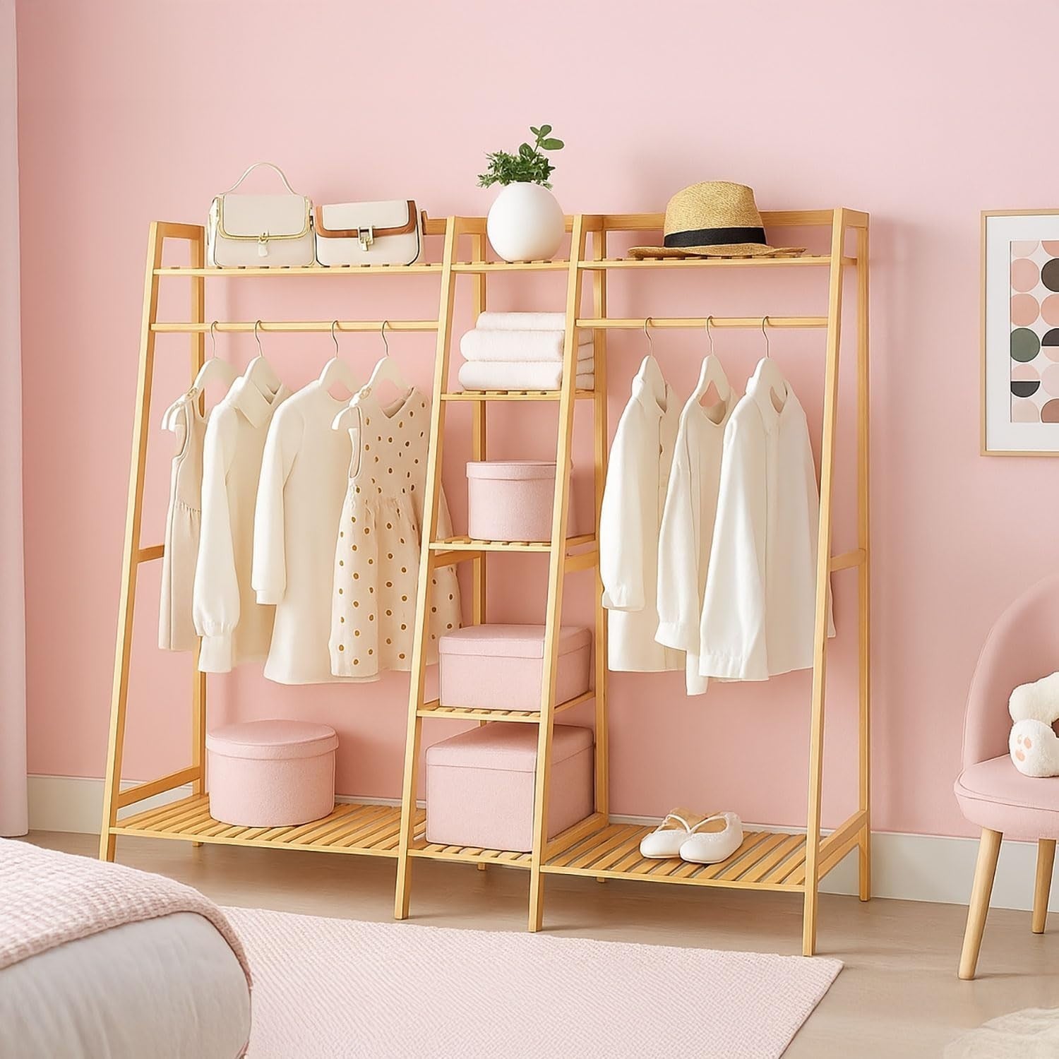 Bamboo Clothes Rack Freestanding Coat Rail with Shelf for Bedroom