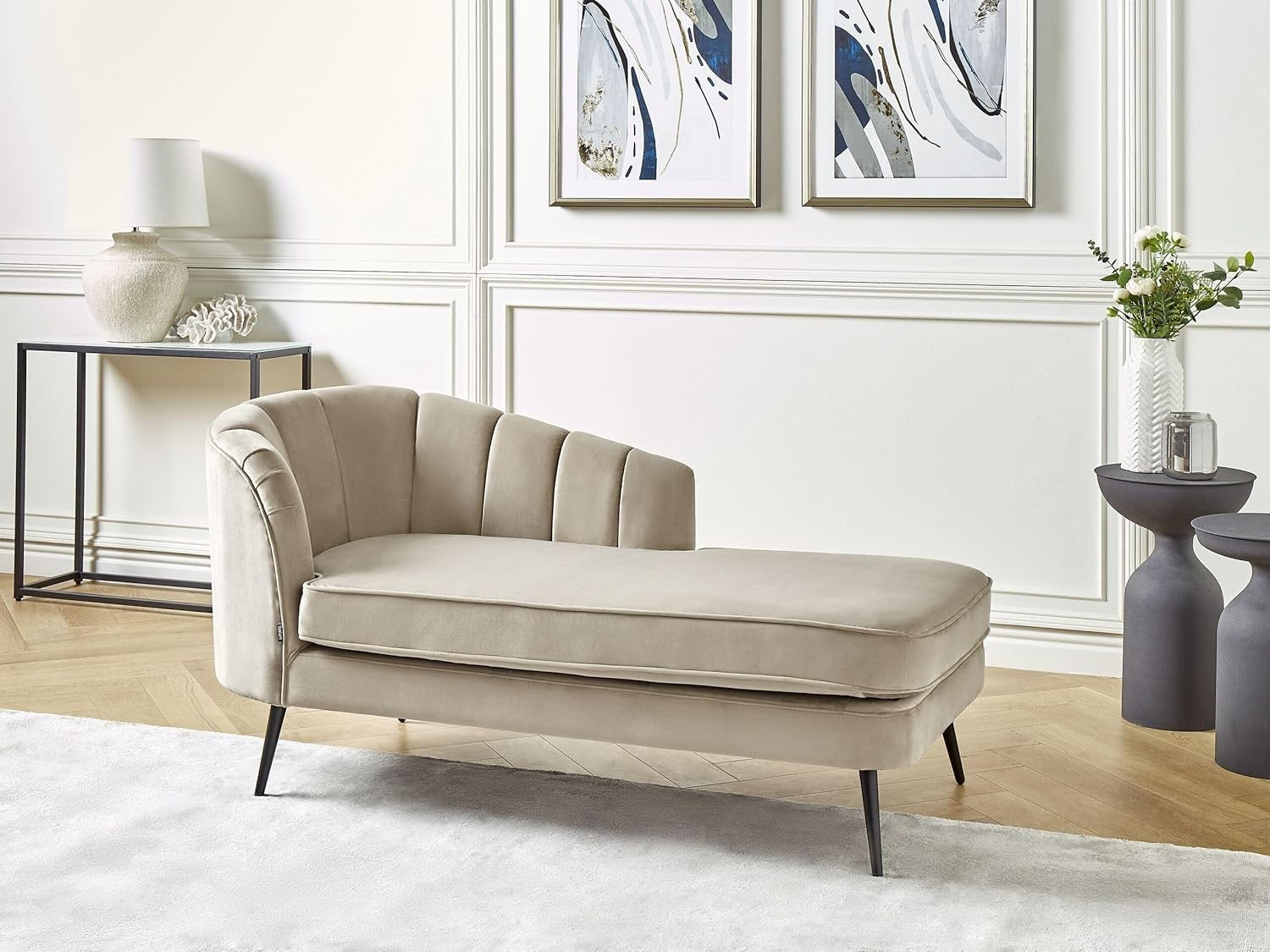 Beige Velvet Chaise Lounge Sofa | Left Hand, Modern Legs, Soft Upholstery