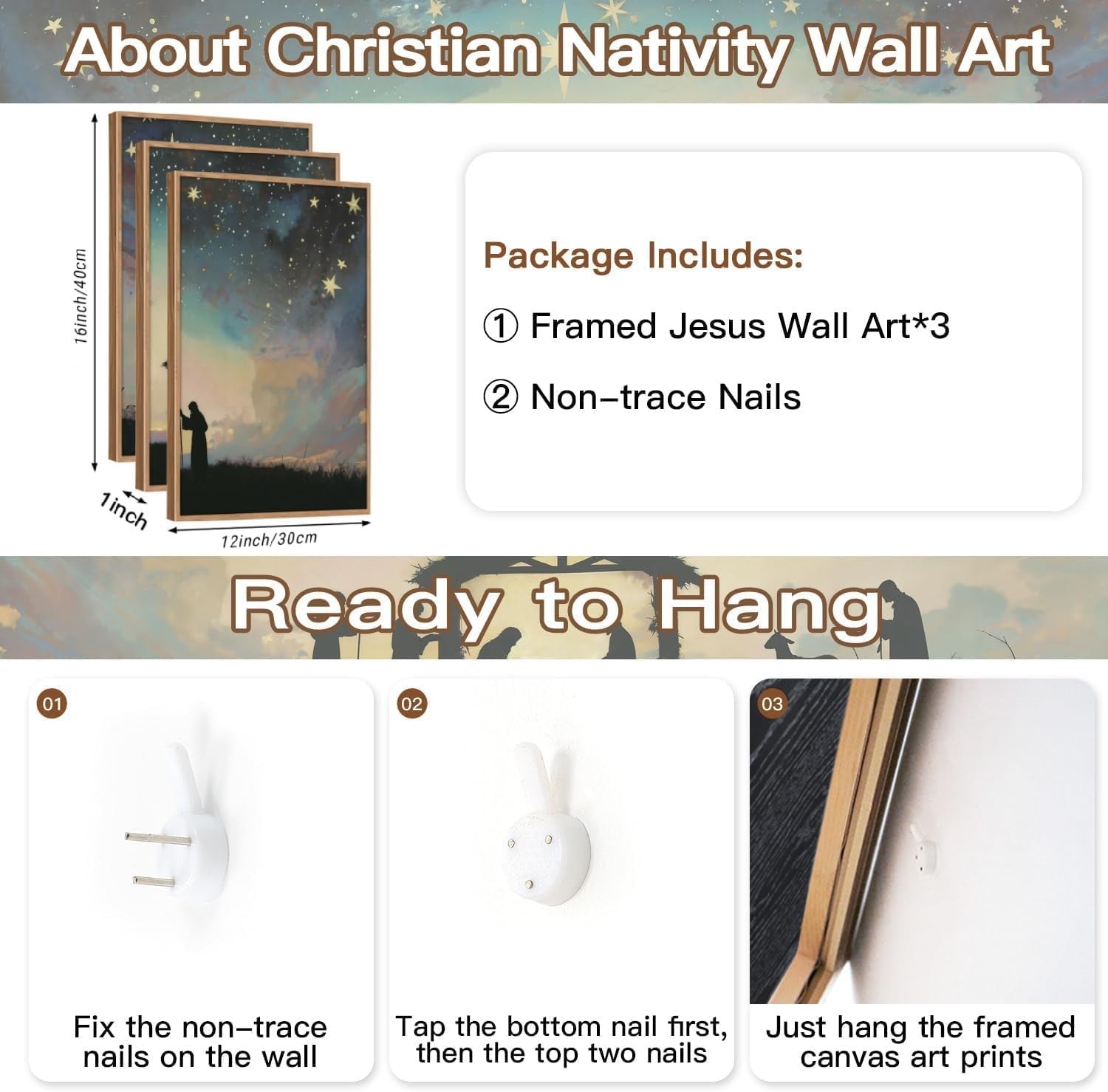 Christian Nativity Framed Canvas Wall Art Set 3 Religious Christmas Decor