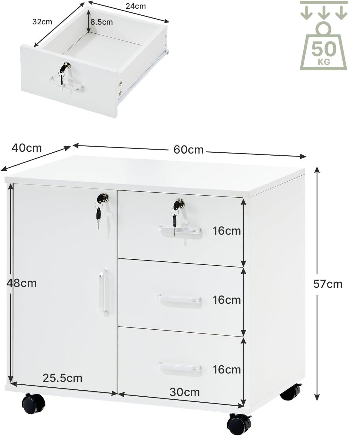 Locking Mobile File Cabinet 3 Drawer Printer Stand Rolling Office Storage
