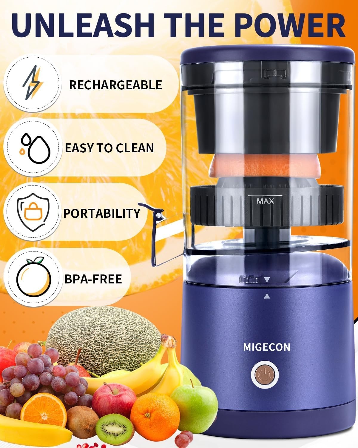 Cordless Electric Citrus Juicer USB Rechargeable Portable Anti Drip 20s