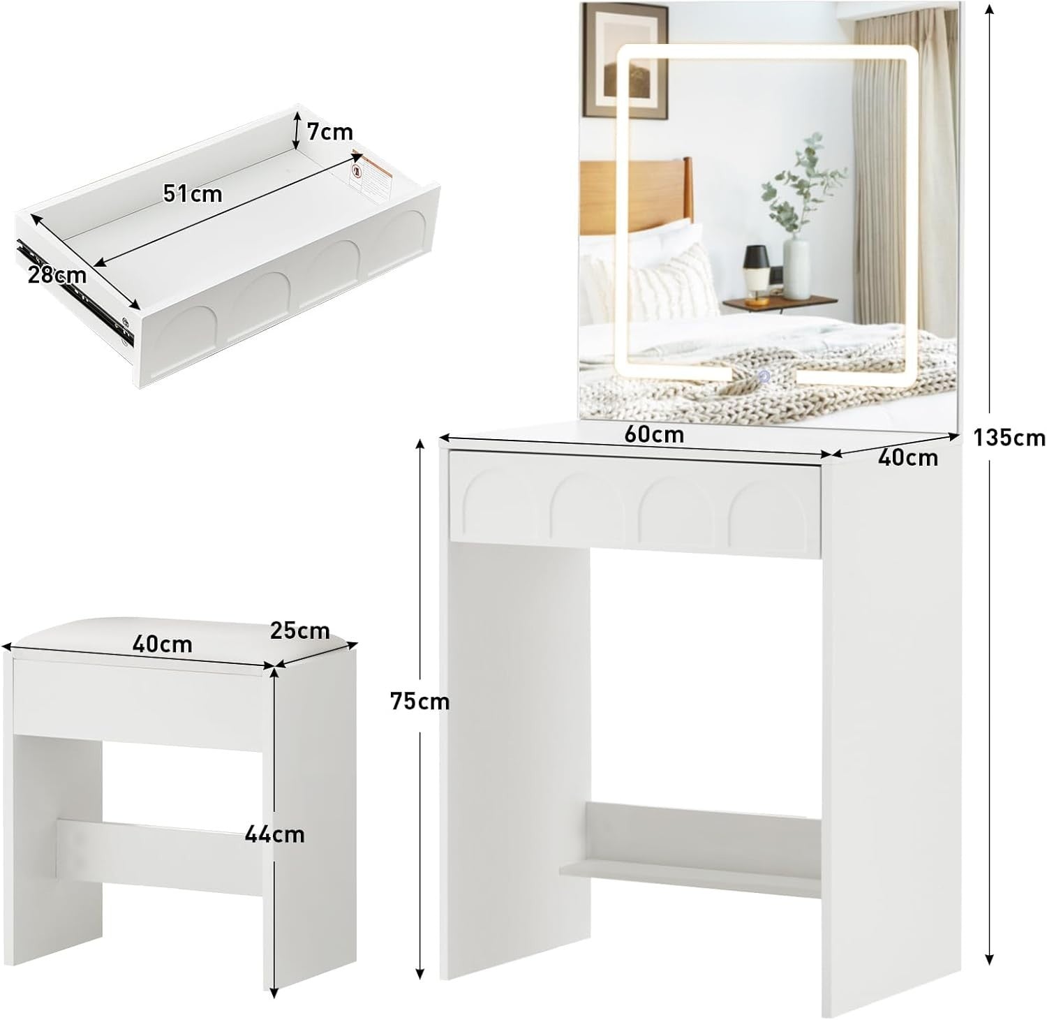 Modern Dressing Table Vanity Set Touch Screen LED Mirror Makeup Desk White