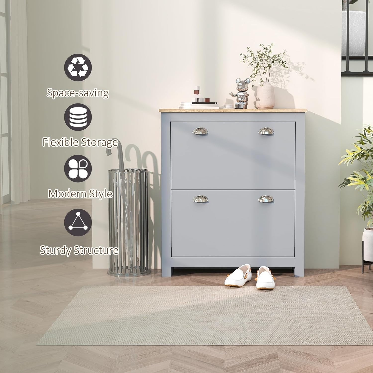 Modern Grey Shoe Storage Cabinet – 2 Flip Drawers, Adjustable Shelf, 12 Pair