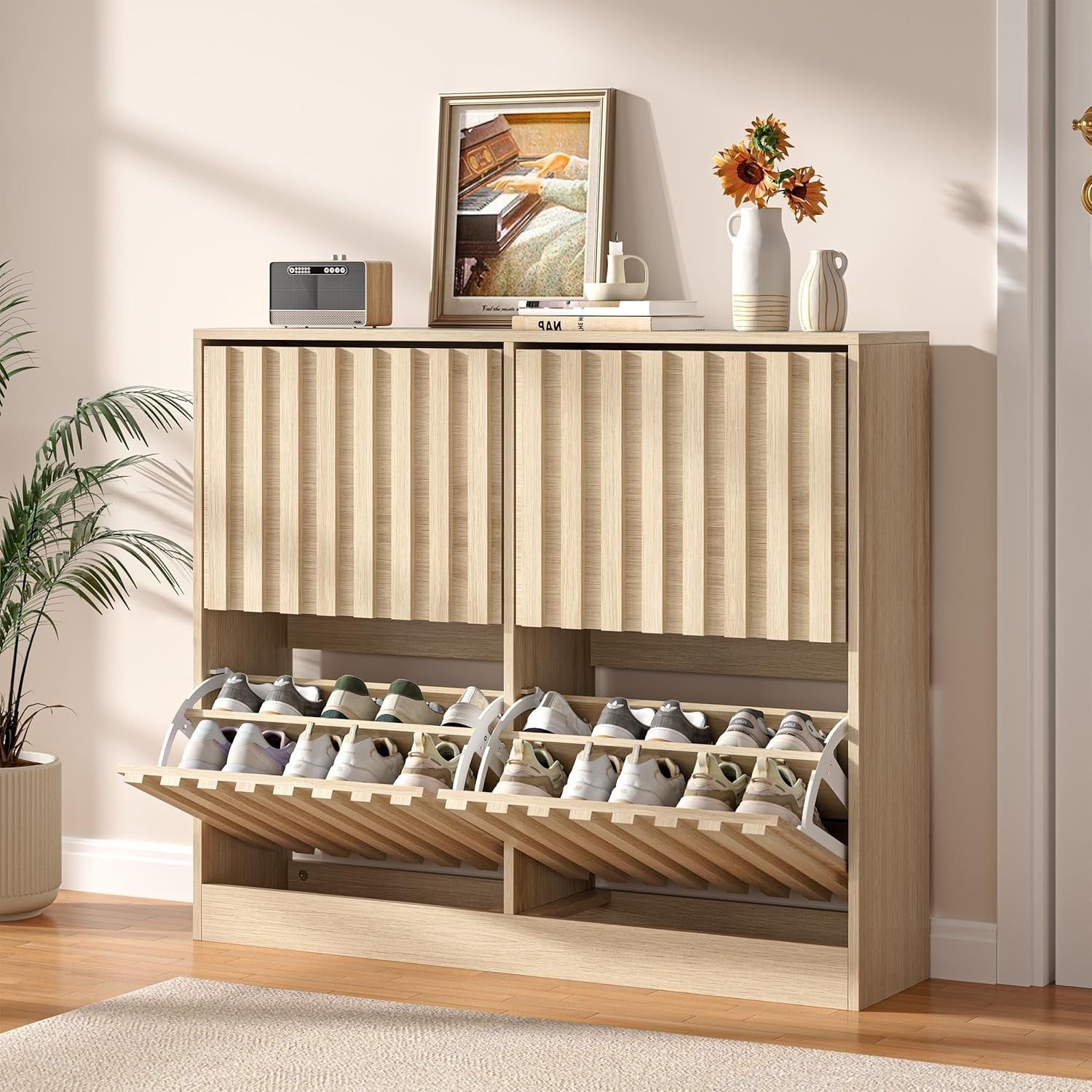 Wide Natural Wood Shoe Cabinet 4 Flip Drawers Ventilated Storage 20 Pairs