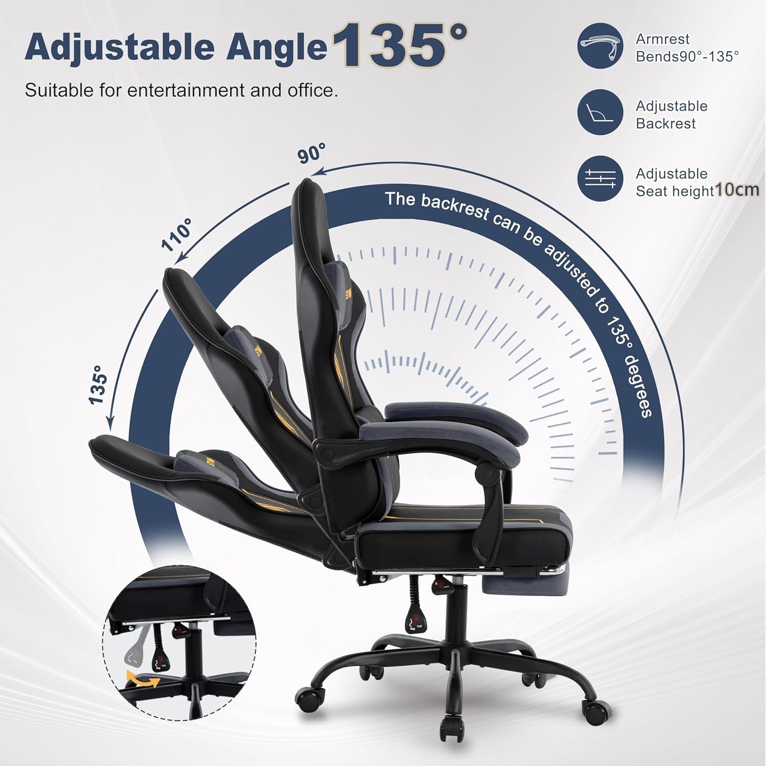 Ergonomic Gaming Chair Recliner w/ Footrest Lumbar PU Leather Black&grey