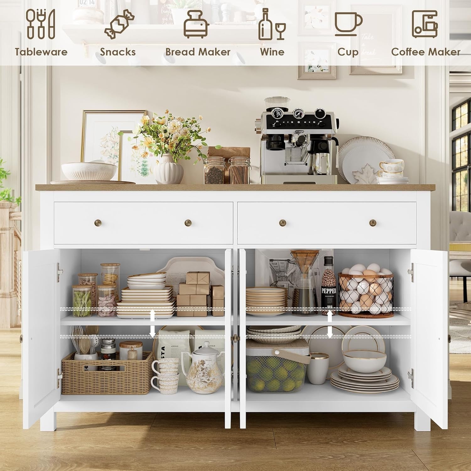 Large White Kitchen Sideboard 4 Doors 2 Drawers Adjustable Shelves Storage