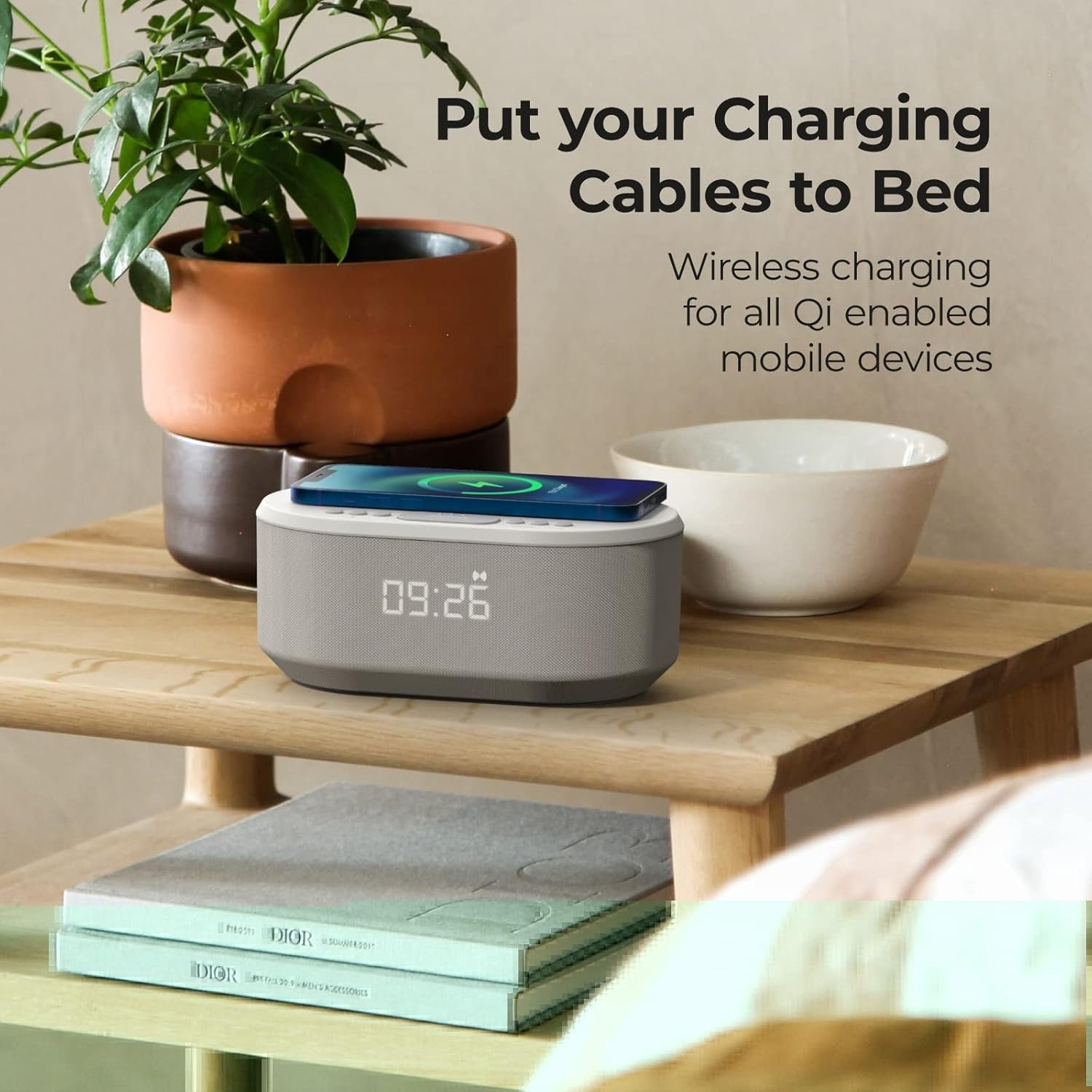 Grey Bedside Alarm Clock Wireless Charging Bluetooth Speaker Dual Alarm