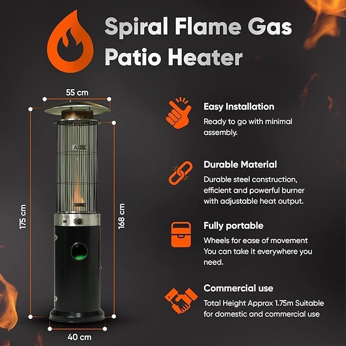 Outdoor Gas Patio Heater 13.5KW Spiral Flame Effect Adjustable Heat & Wheels