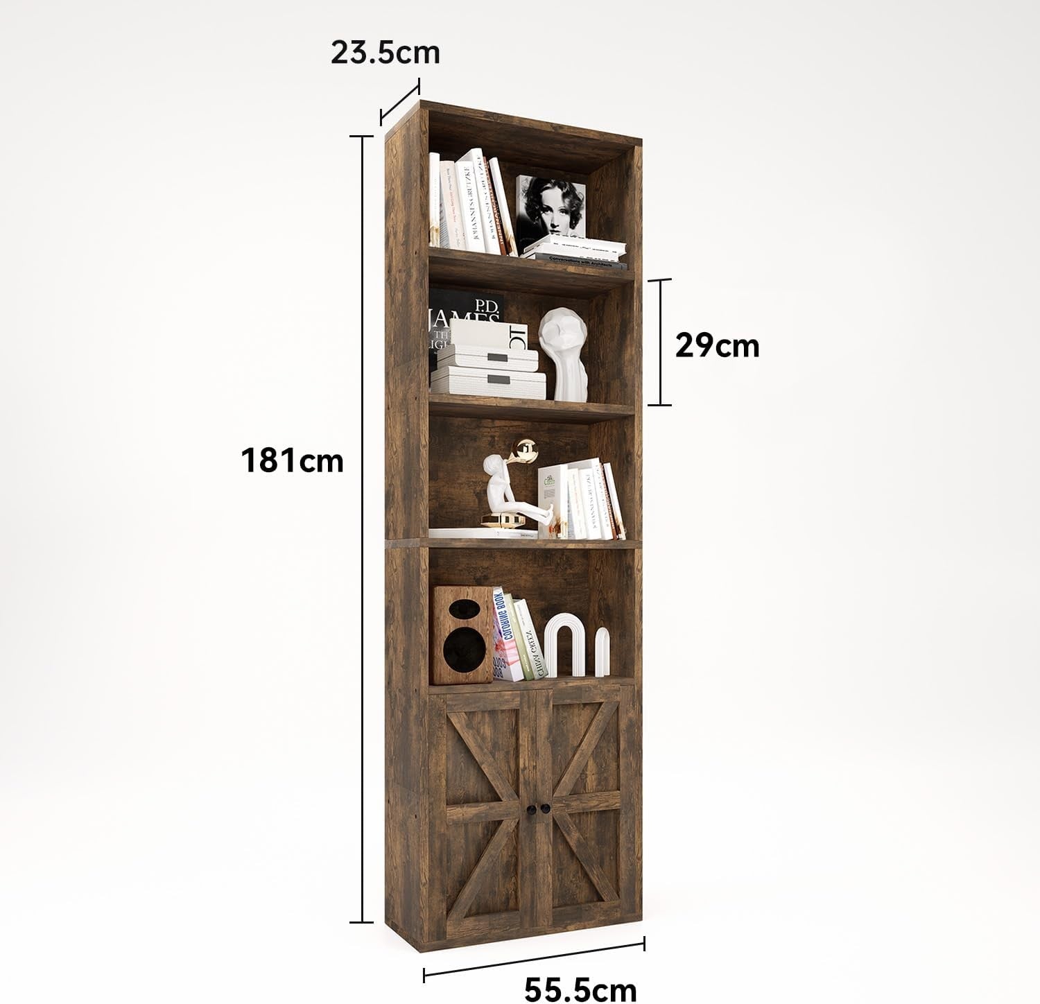 Tall Rustic Brown 6-Tier Bookcase Cabinet Doors Modern Storage Unit 181cm