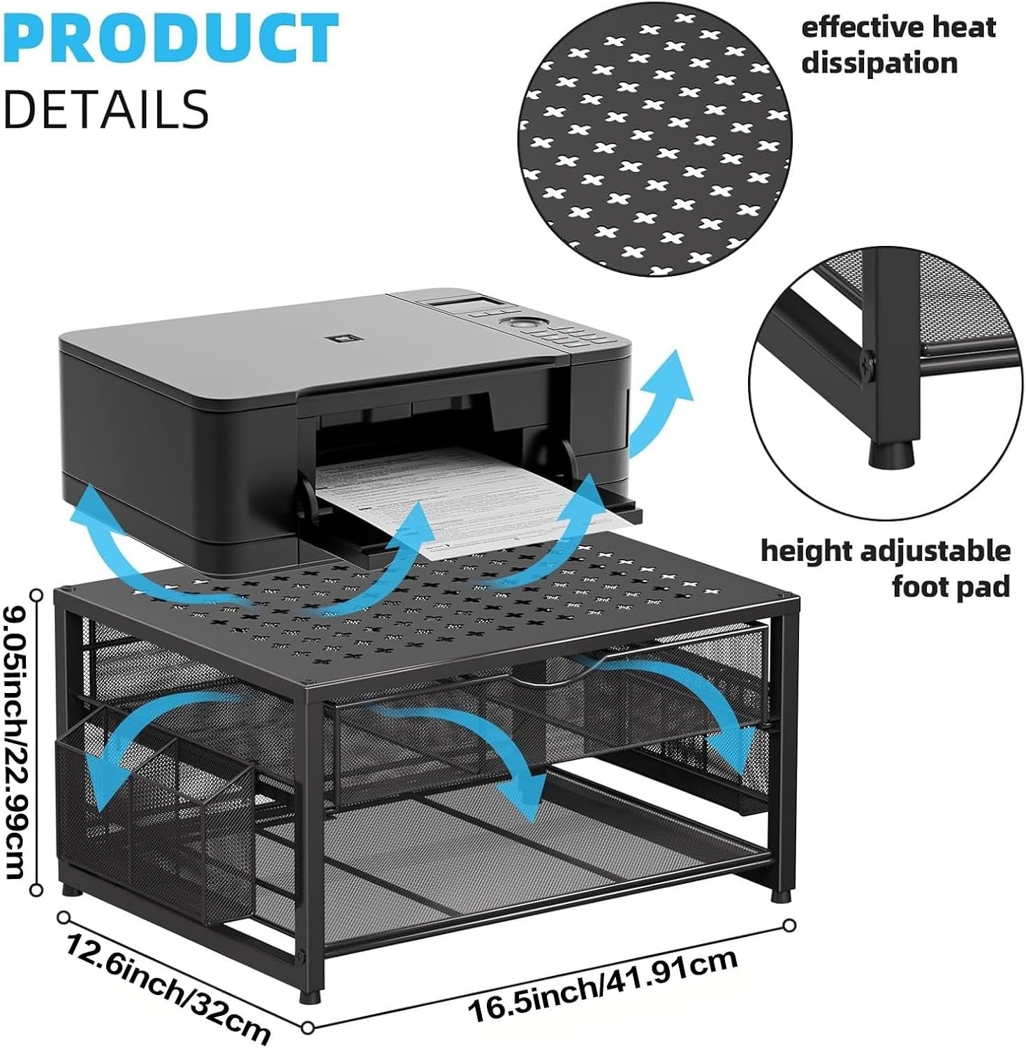 2-Tier Black Desktop Printer Stand with Drawer, Pen & Paper Organizer