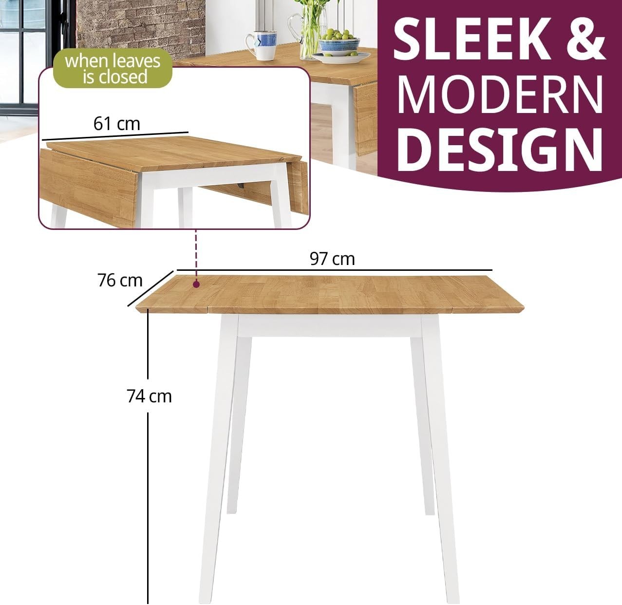 Small Drop Leaf Folding Table White & Oak Space-Saving Kitchen Dining