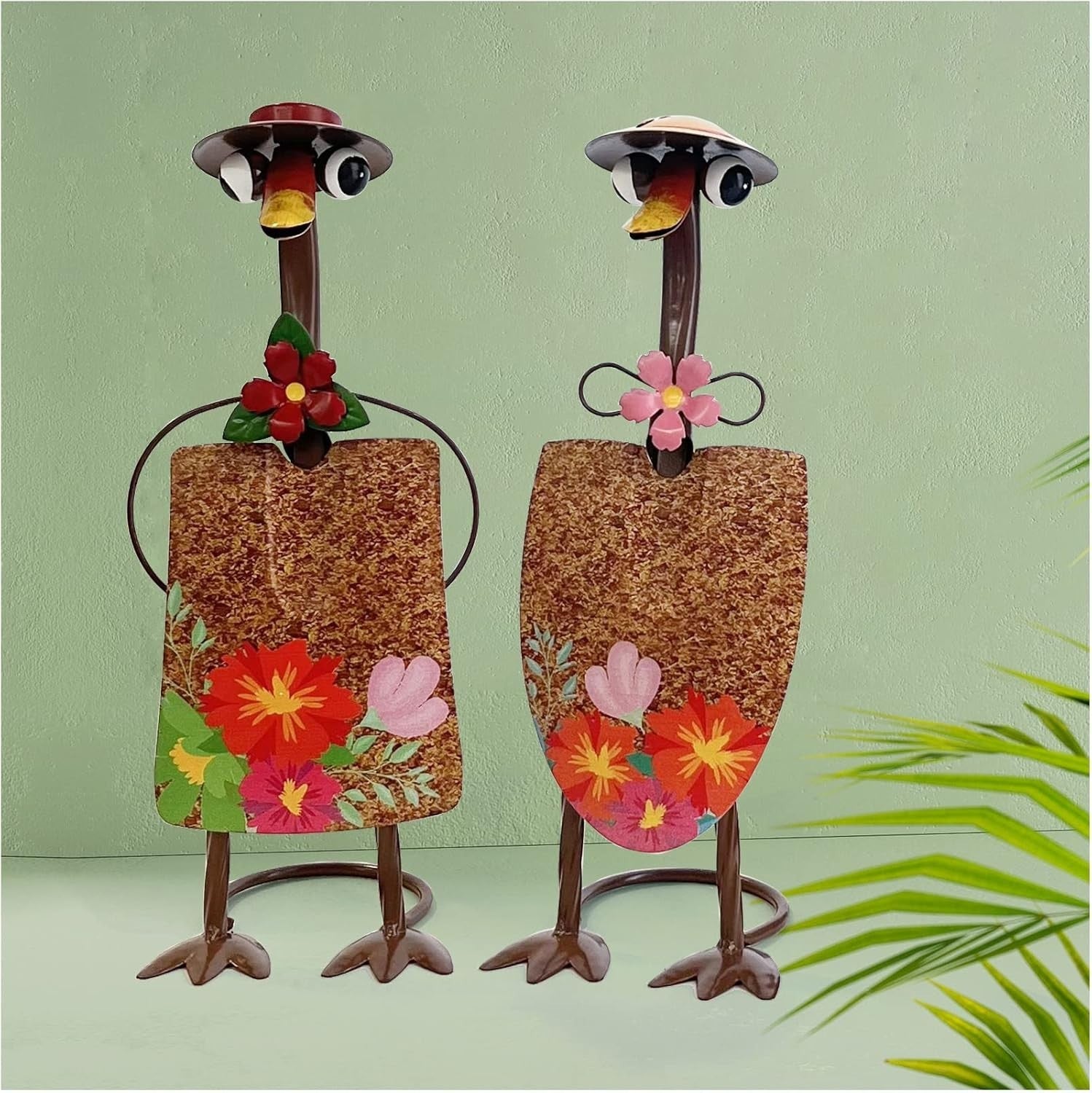 Metal Duck Garden Ornaments 29.5cm Floral Couple Yard Art Outdoor Decor Set