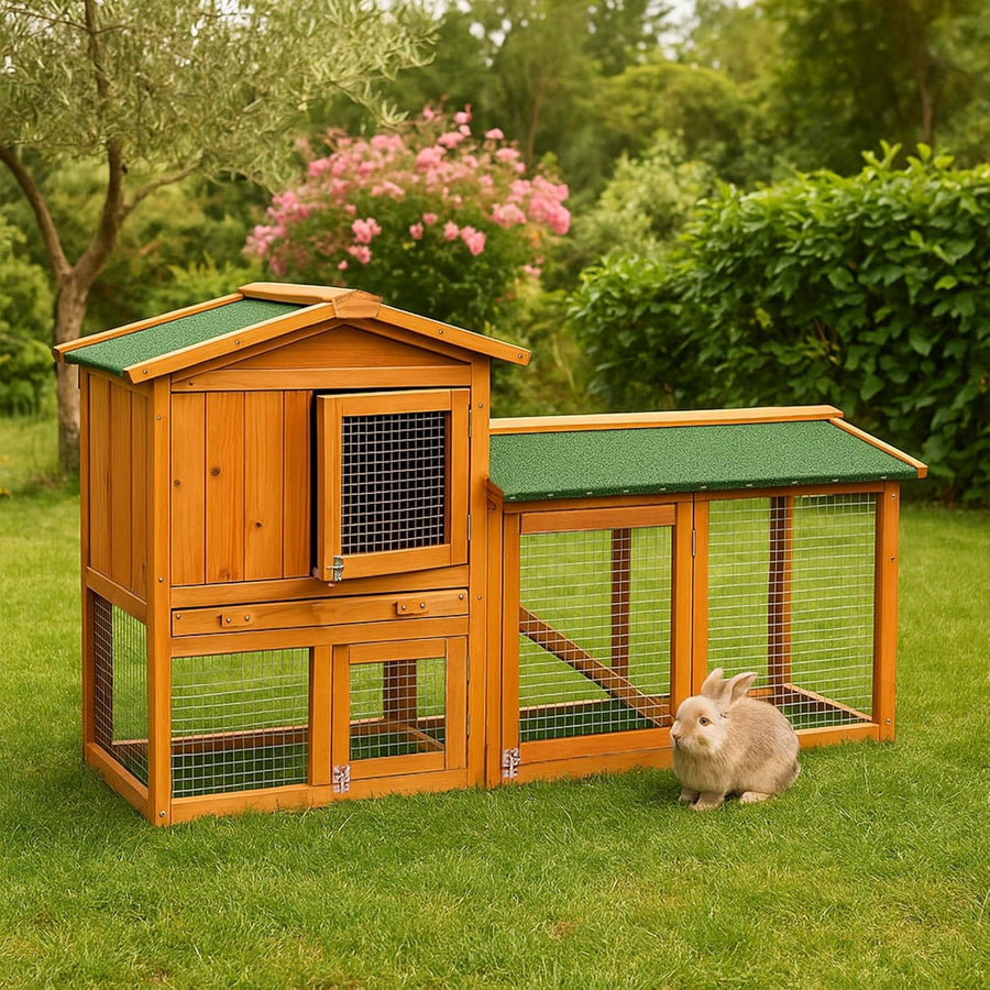 2 Tier Wooden Rabbit Hutch Outdoor Bunny Guinea Pig House with Run Ramp