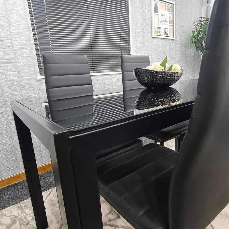 Black Glass Dining Table Set with 6 Leather Chairs Modern 6 Seater 134cm