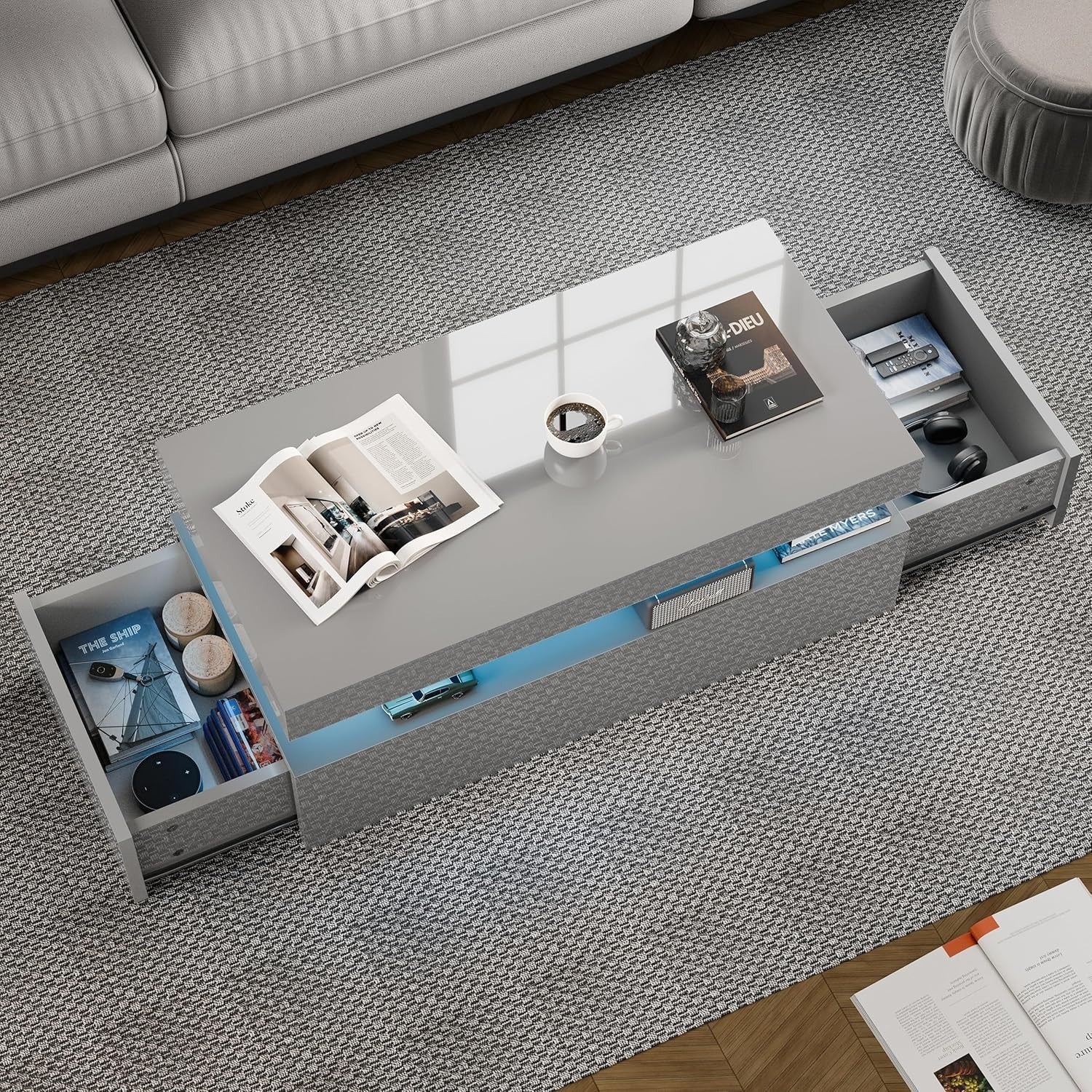 High Gloss Rectangle Coffee Table with 2 Drawers & RGB LED Lights 94x47x38cm