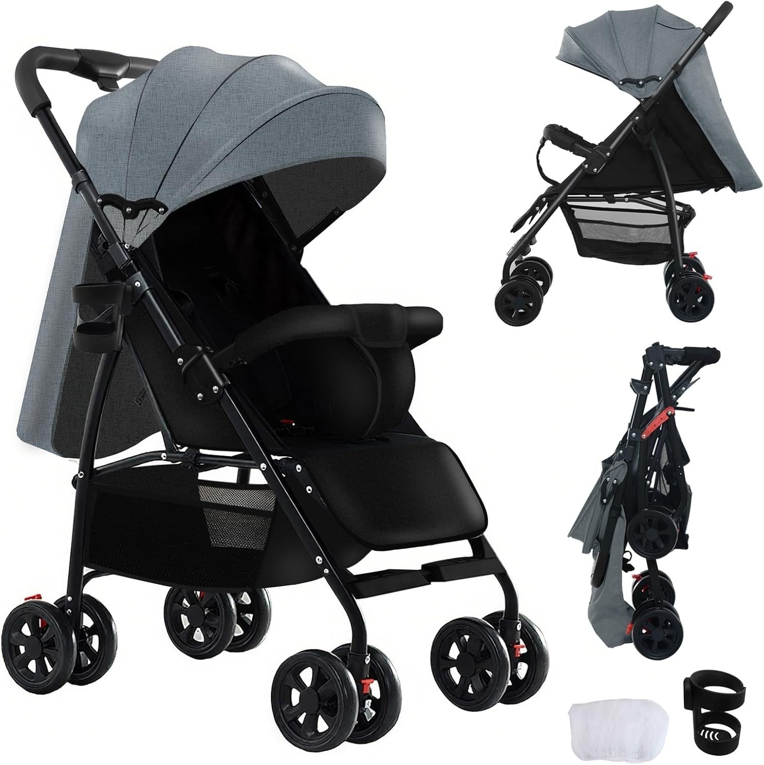 Ultra Lightweight Pushchair 4.6kg Compact Fold Lie-Flat Baby Stroller Grey