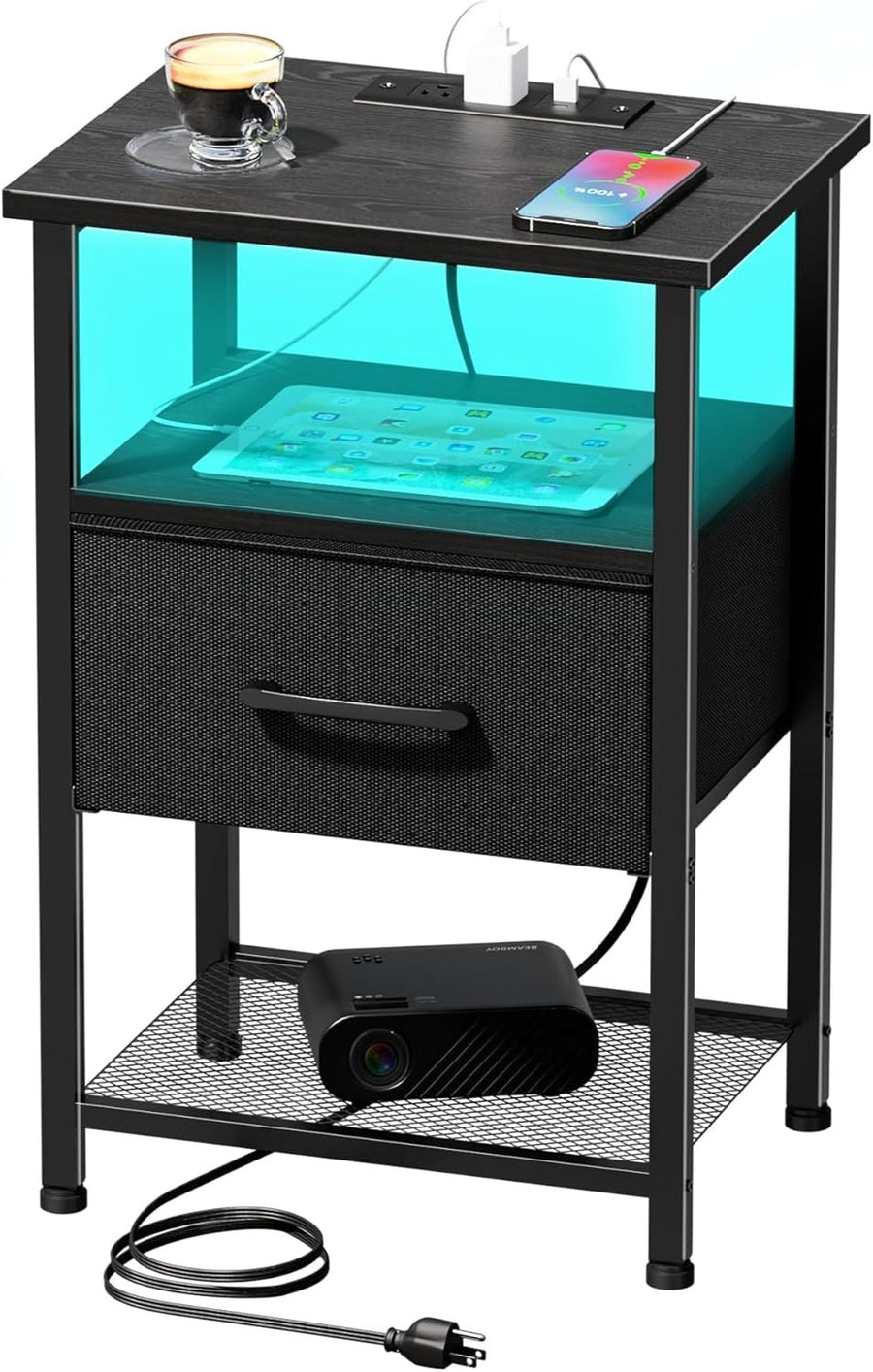 Modern Black LED Bedside Table with Drawer, USB Charging Ports & Shelf