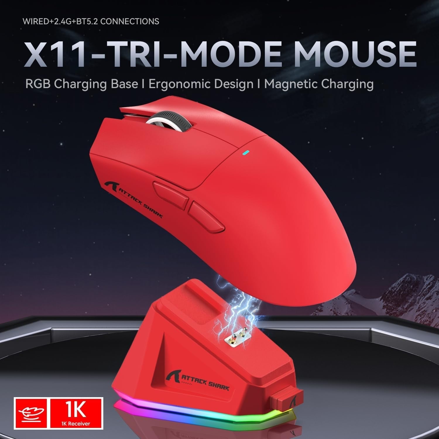 Wireless Gaming Mouse 22000 DPI RGB Dock BT 2.4G USB Red