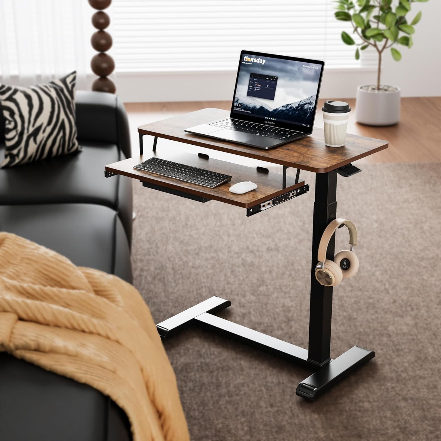 Overbed Table Adjustable Rolling Laptop Desk With Drawer Keyboard Tray Walnut