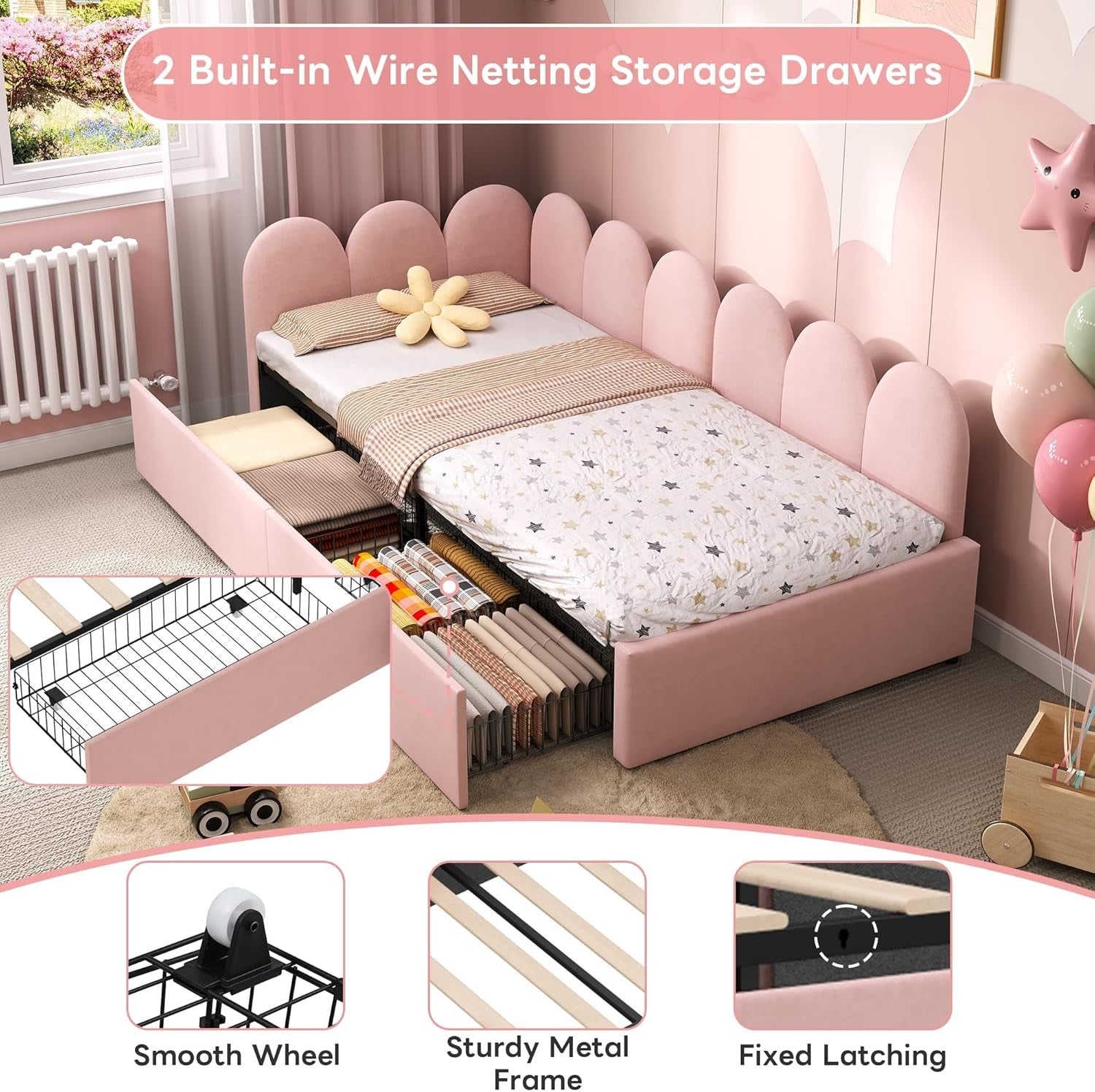 Pink Velvet Single Daybed Sofa Bed w/ Storage Drawers Kids Teen Room