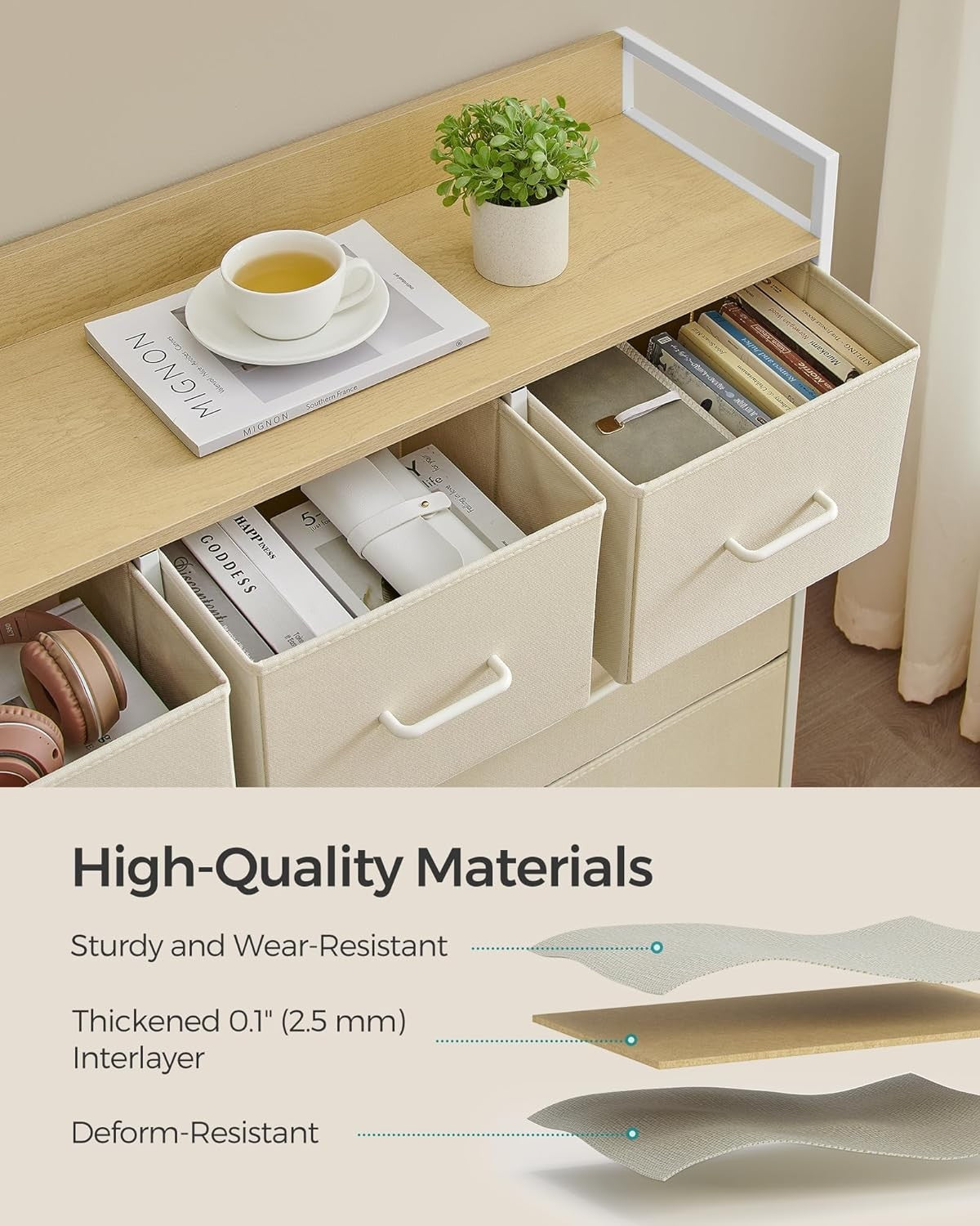 7 Drawer Chest Cream White Oak Fabric Storage Cabinet Bedroom Dresser