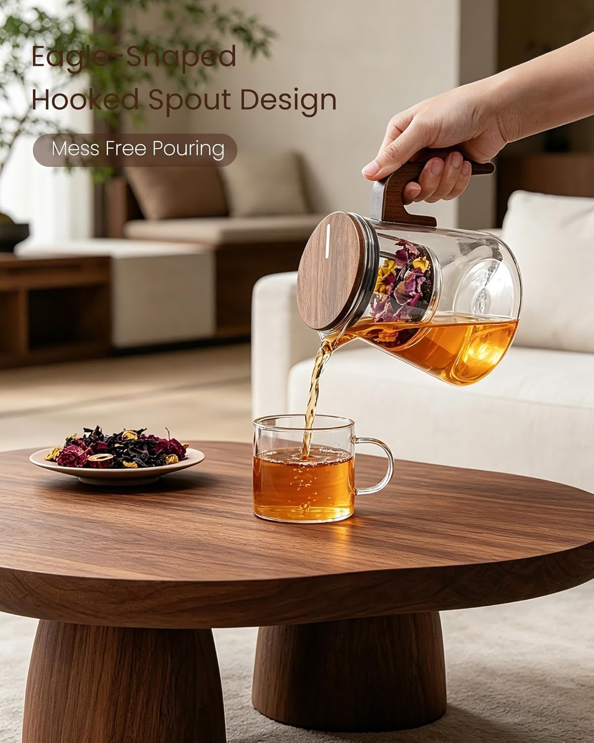 Magnetic Glass Teapot 800ml Tea Pot w Infuser Walnut Handle Lid
