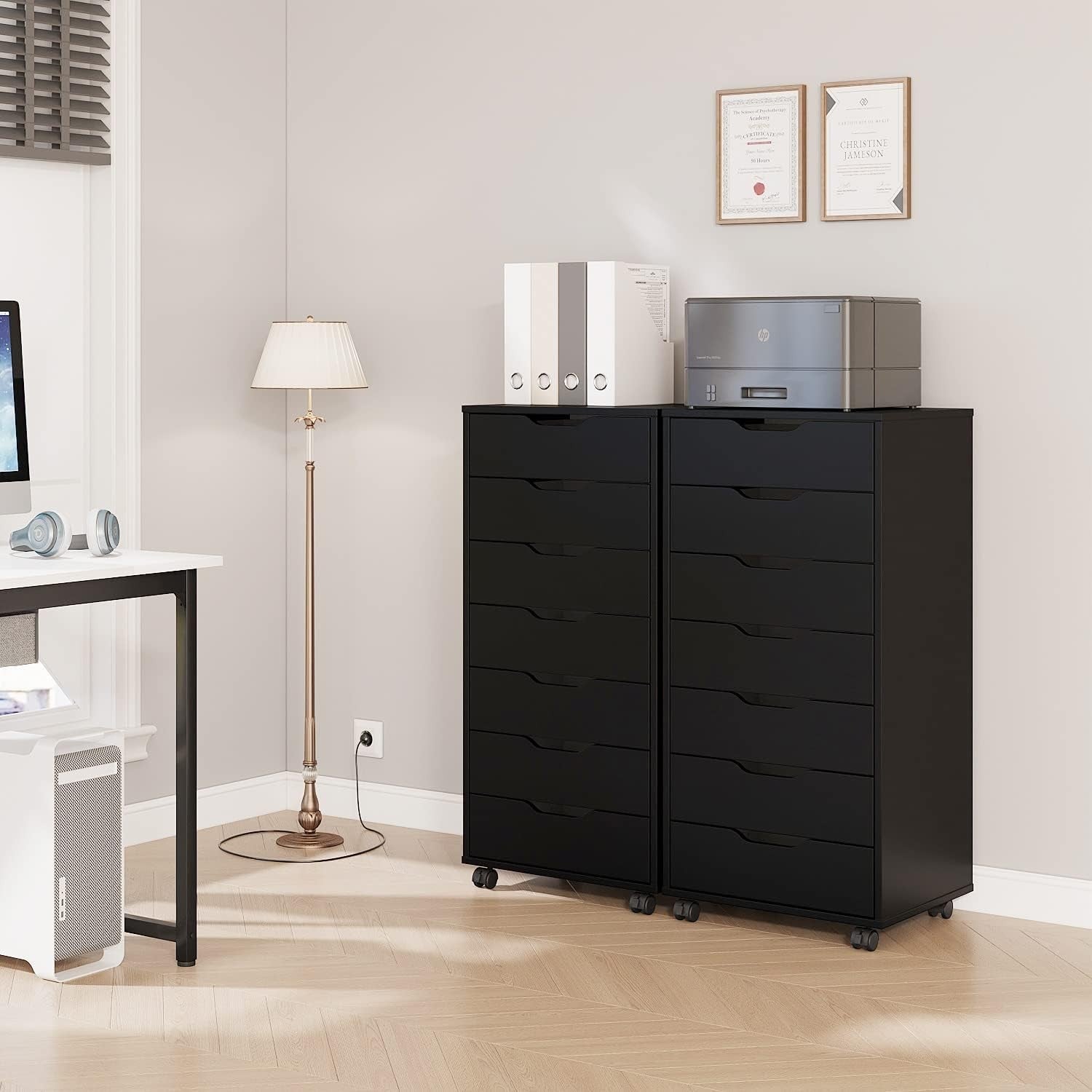 7 Drawer Mobile Filing Cabinet with Wheels Office Storage Chest Black