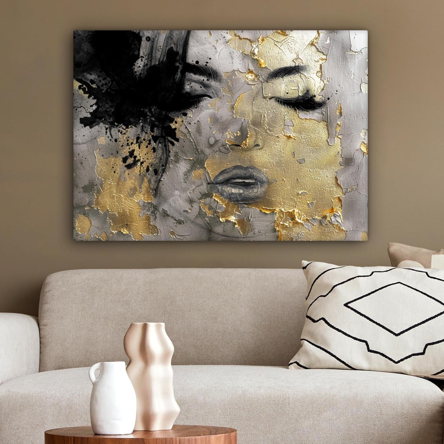 Abstract Woman Canvas Wall Art Gold Black Modern 70x50cm Living Room Decor