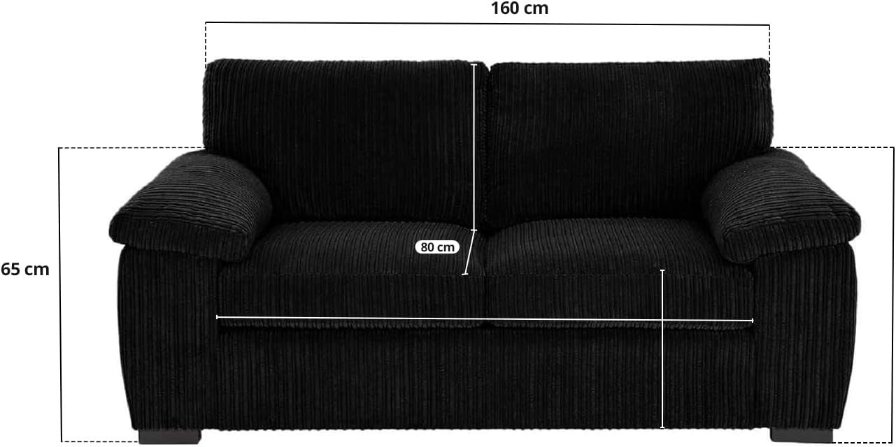 Black 2 Seater Jumbo Cord Sofa Compact Couch for Small Rooms Flats Home