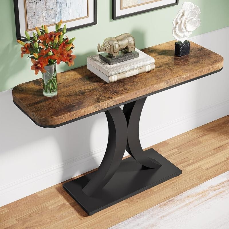 Rustic Industrial Console Table – Curved Base Entryway Table 100cm Wide