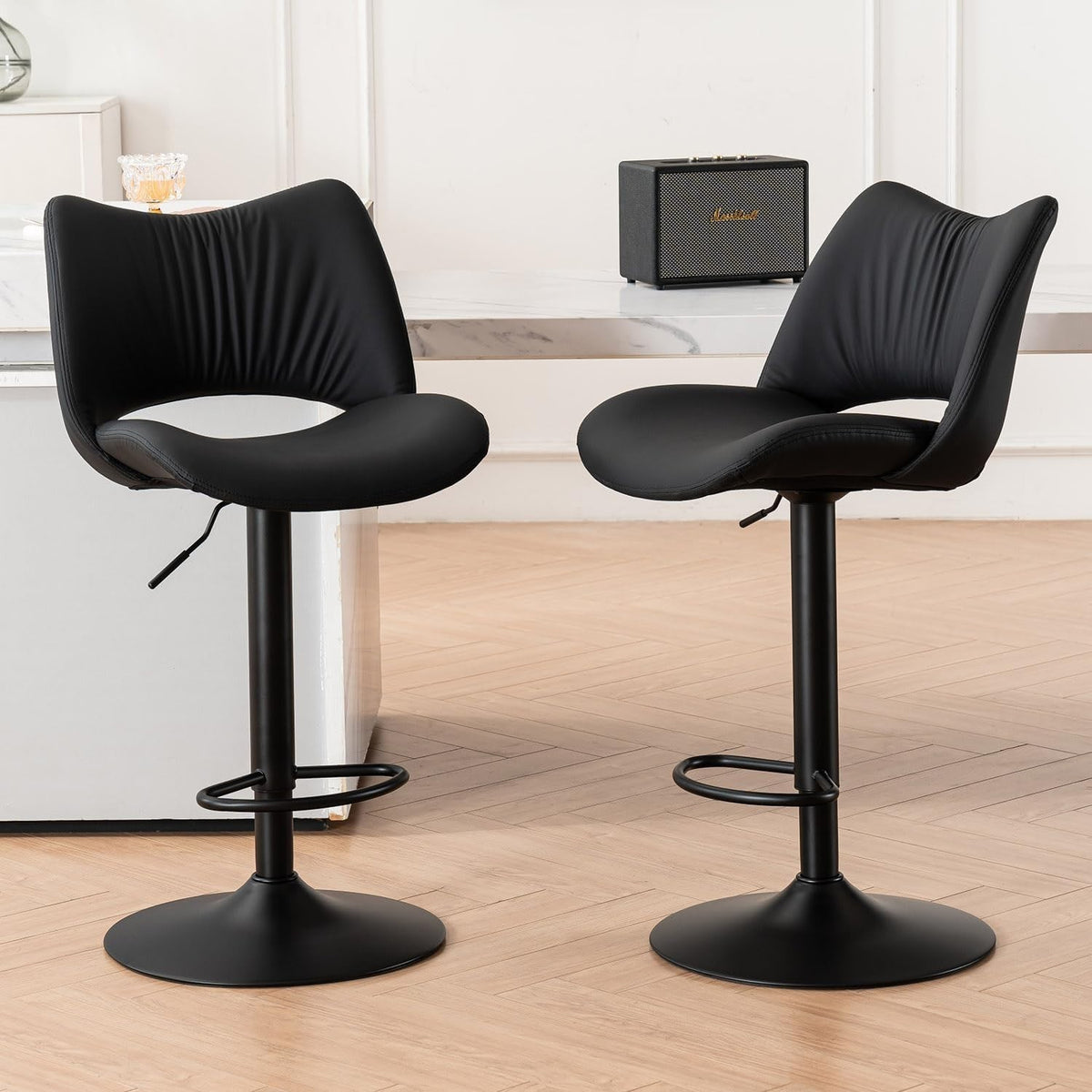 Adjustable Bar Stools 2pcs black PU Leather Swivel Kitchen Counter Chairs