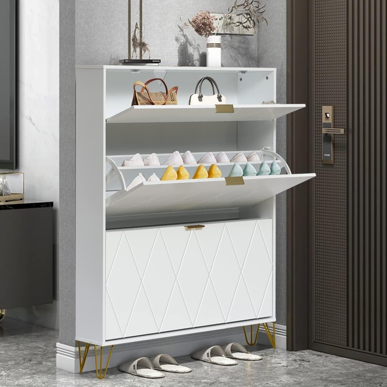 White Tilting Shoe Cabinet 3 Compartments Hidden Shelf Storage 80x24x120cm