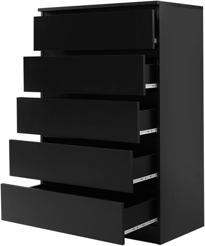 Tall 5 Drawer Chest Black Storage Unit Bedroom Cabinet Slim Modern Design