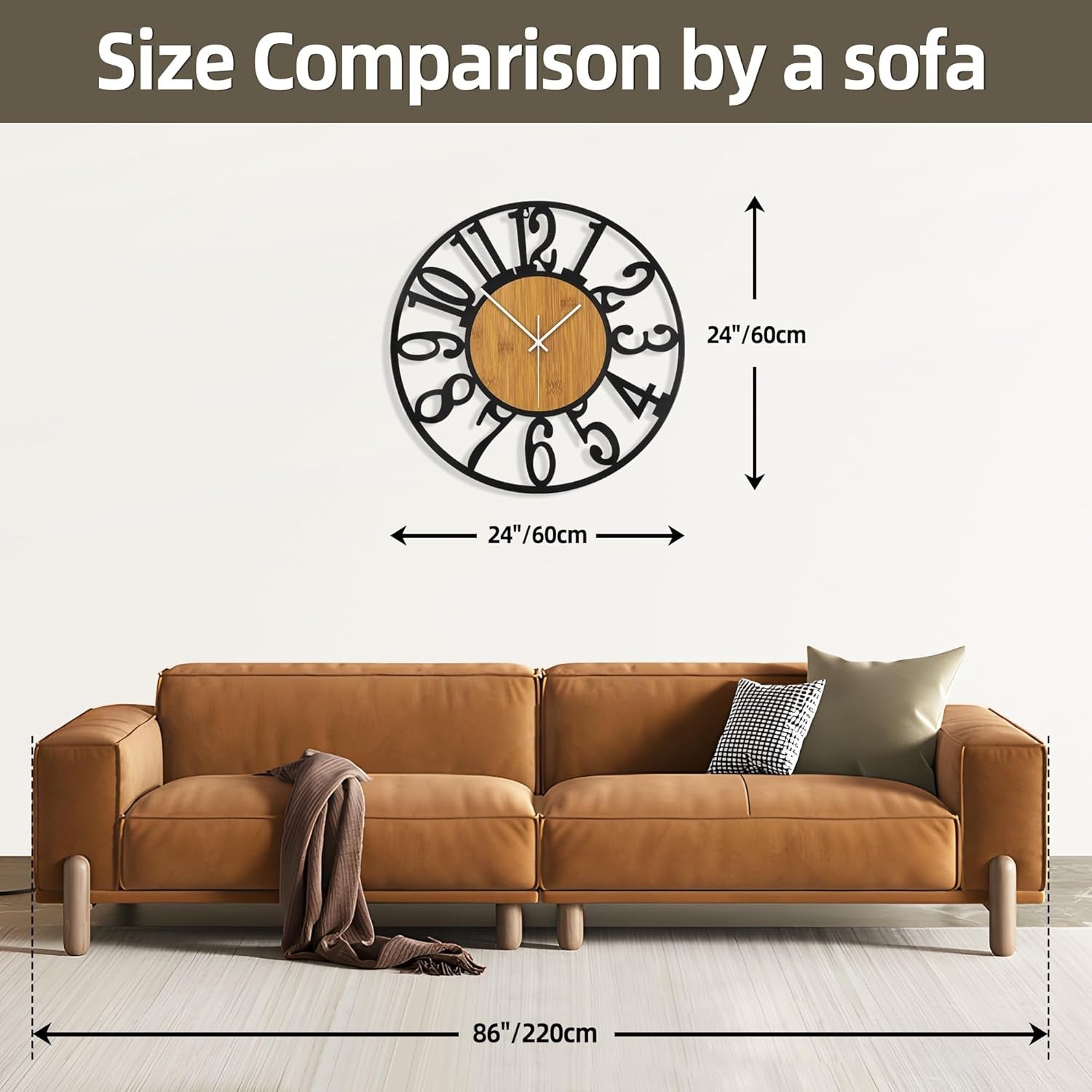 24" Large Wall Clock Modern Wood & Metal Silent Arabic Numerals Home Decor