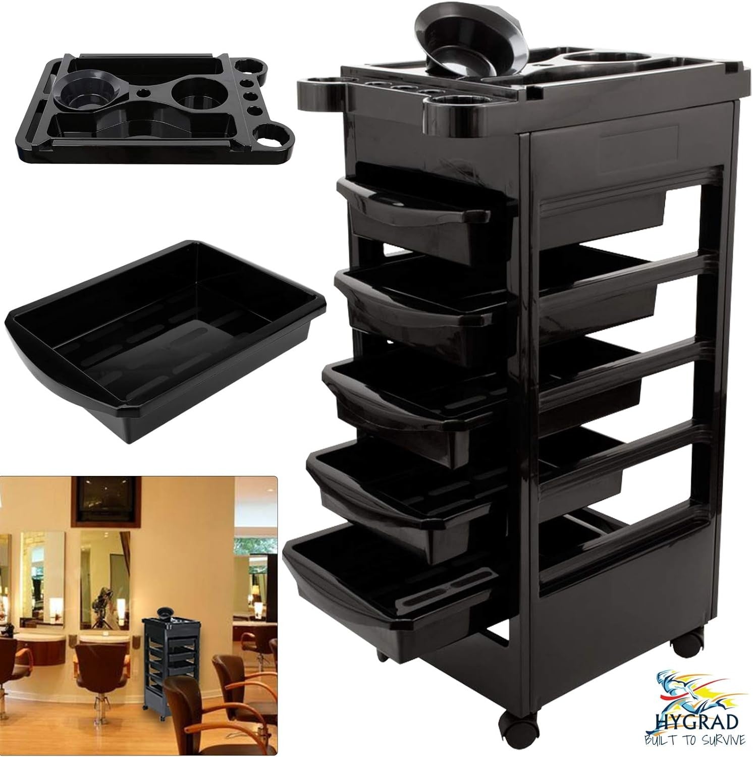 Salon Tray Cart Rolling Storage Trolley with Multi Compartments for Barber