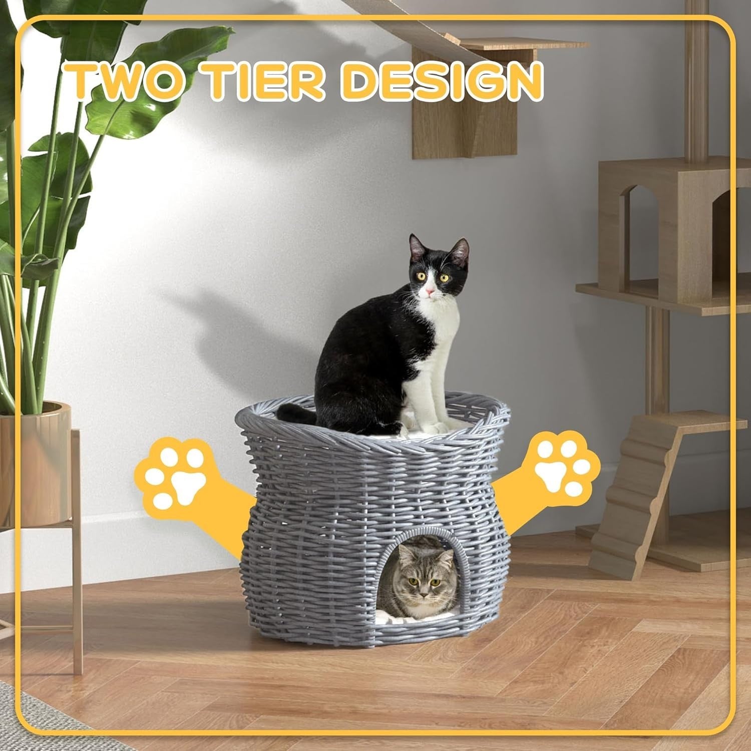 2 Tier Wicker Cat House Elevated Bed Basket Cave w Washable Cushions