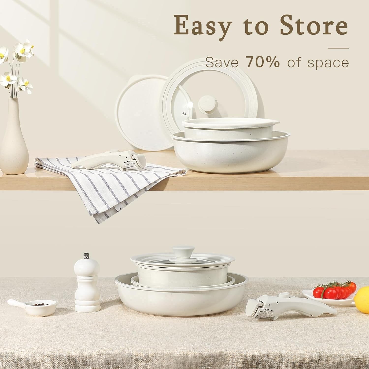 15Pcs White Plus Ceramic Non Stick Cookware Set with Detachable Handle