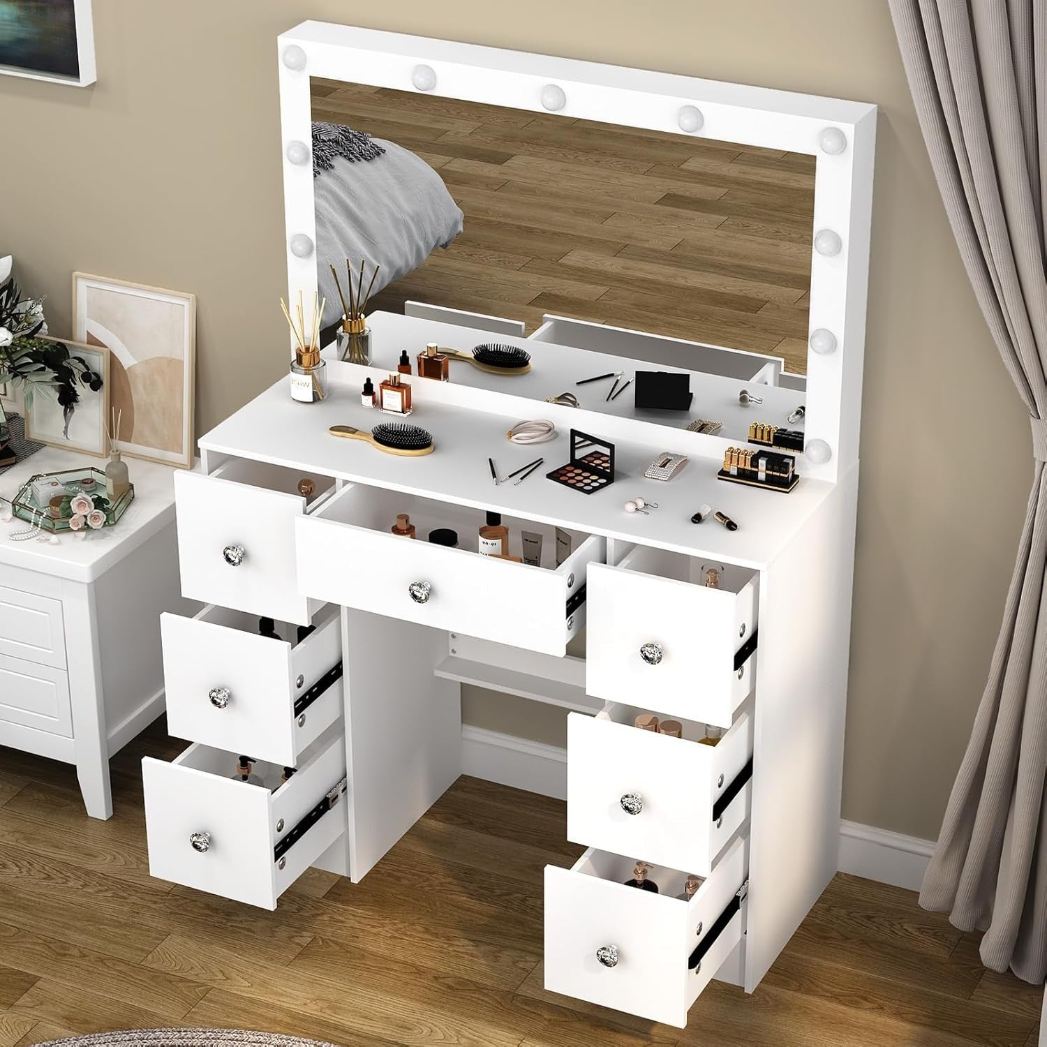 White Modern Vanity Desk Makeup Table Set w/ 10 LED Light Mirror & 3 Drawers (Ma